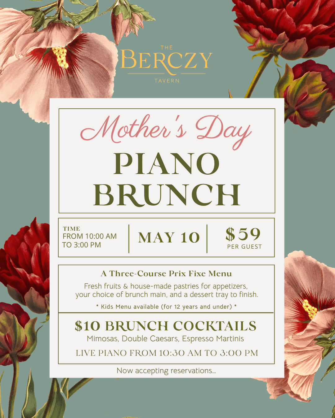 Elegant Mother’s Day Piano Brunch event graphic, The Berczy Tavern