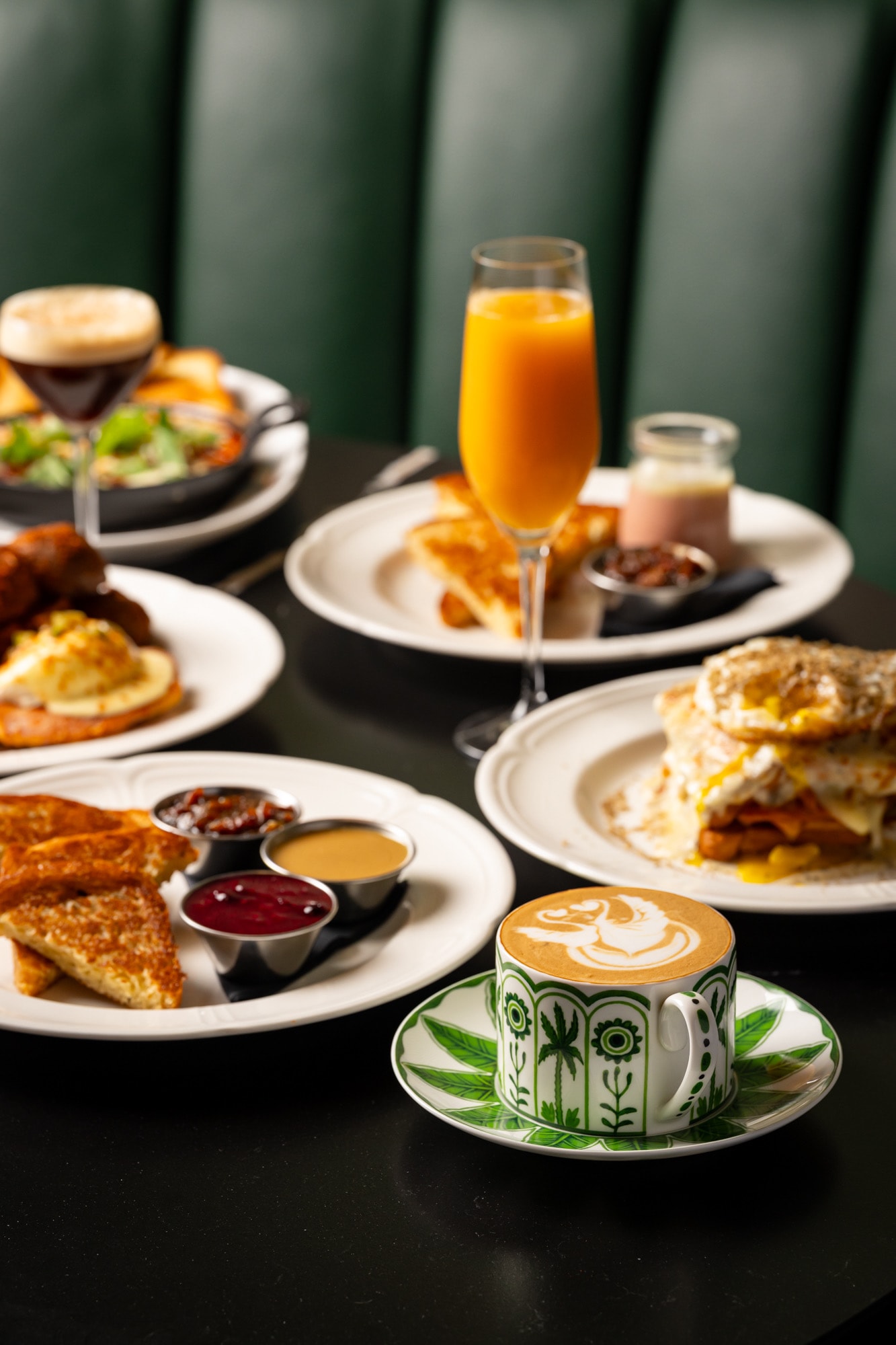 Brunch Prix Fixe spread with coffee and a mimosa