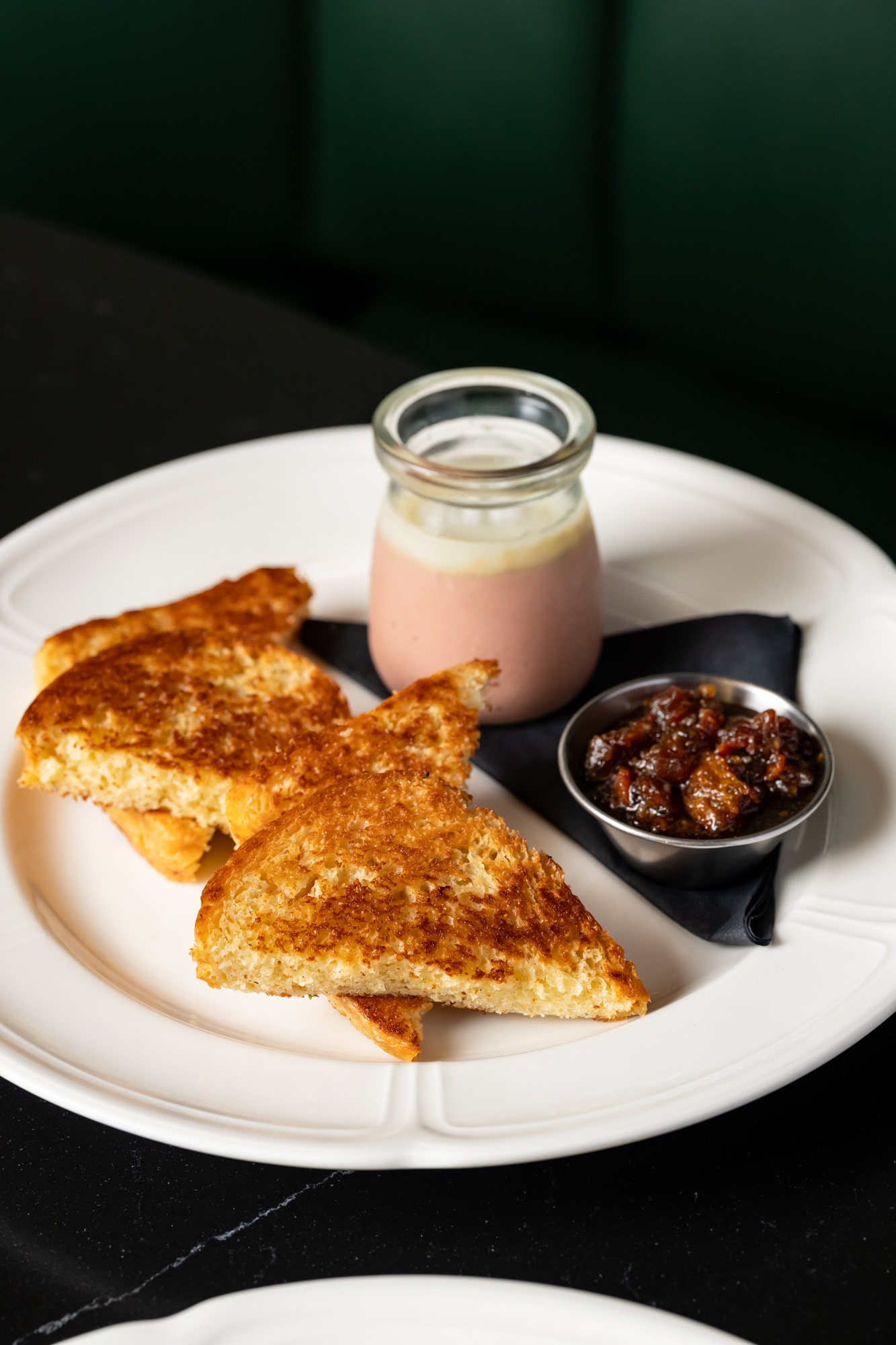 Toasted brioche with mousse and bacon jam